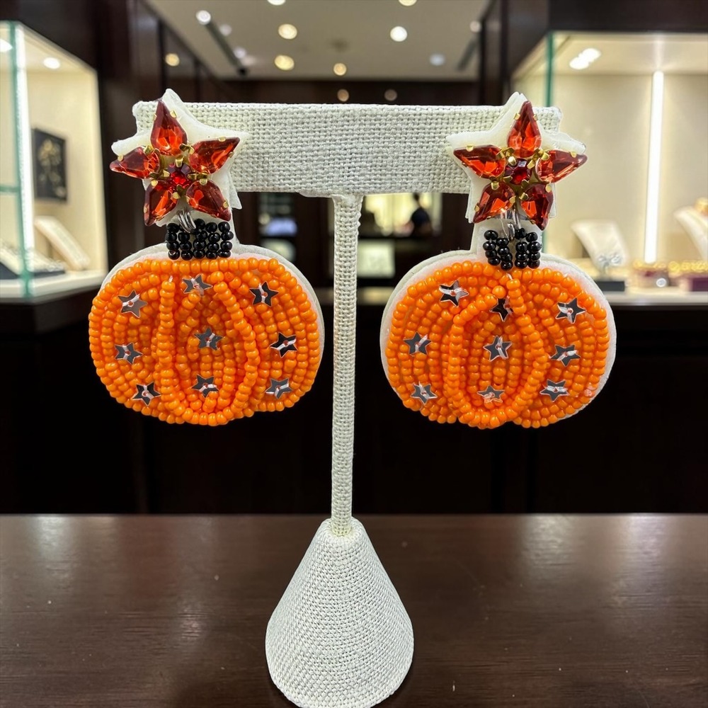 Orange Beaded Pumpkin Earrings Rhinestone Halloween Fall Statement Spooky Glam